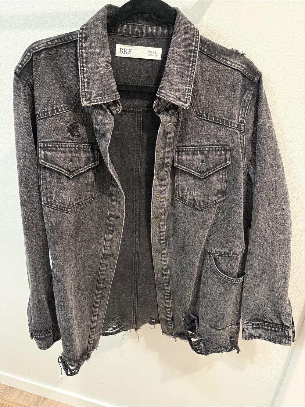 BKE Women's Distressed Washed Black Denim Jacket